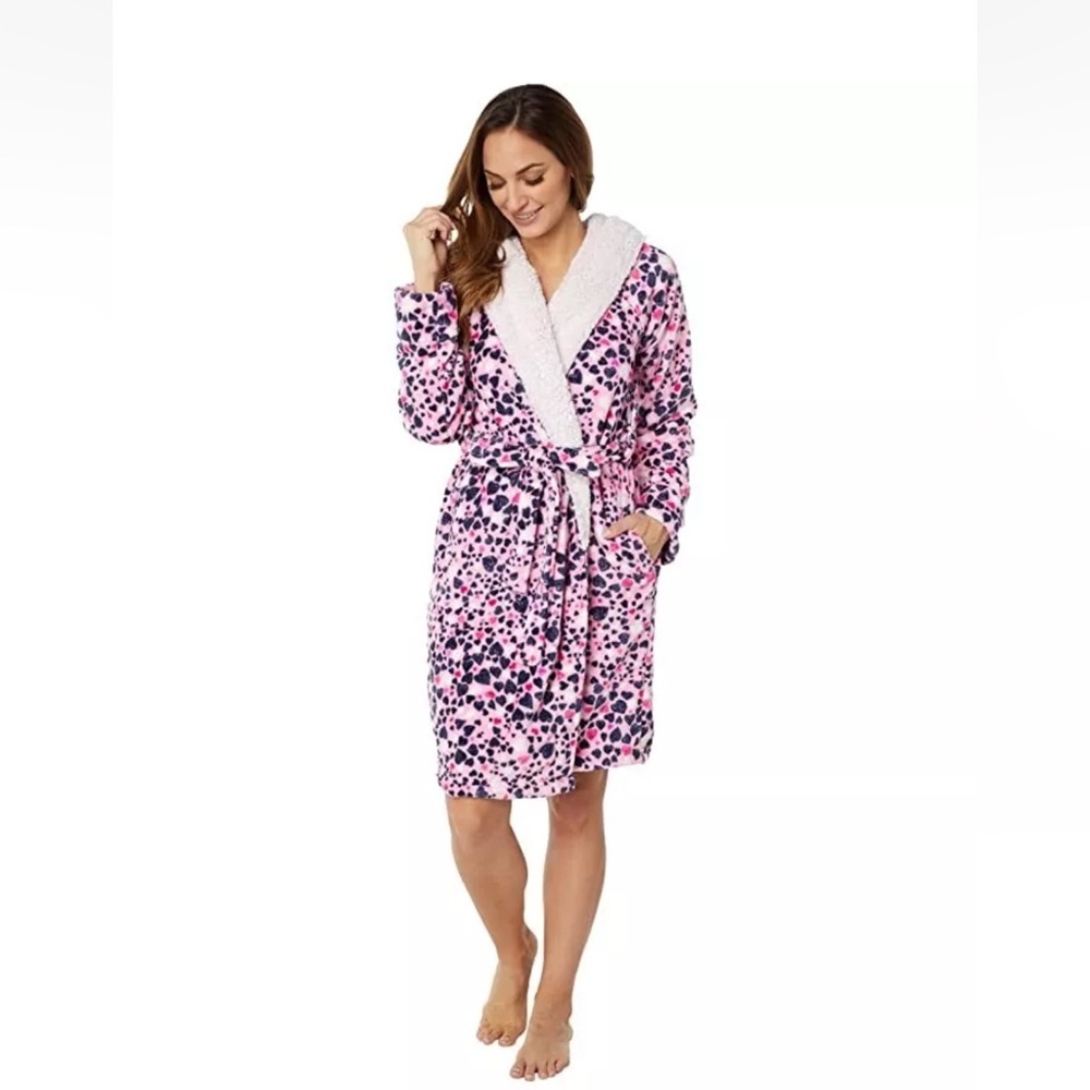 Vera Bradley Pink Hearts Love Valentines Day Hooded Fuzzy Plush Fleece Robe S M💝